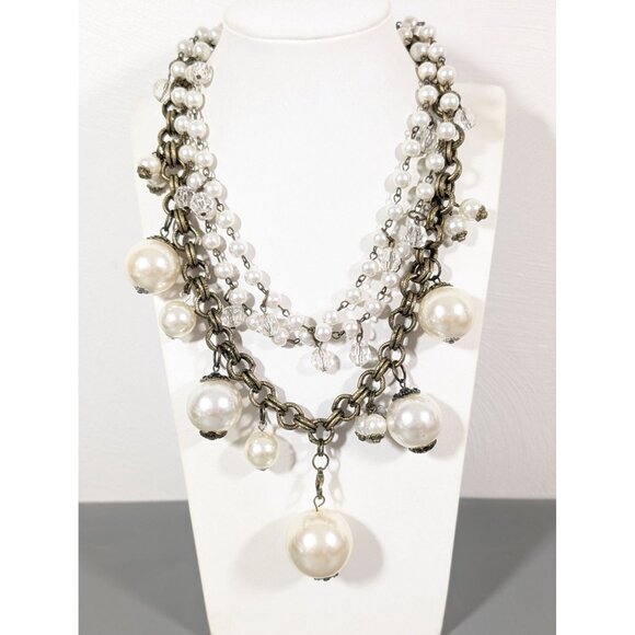 Dark Bronze Tone Faux Pearl Multi Chain Necklace Chunky Statement Bold 17.5" - Picture 1 of 9